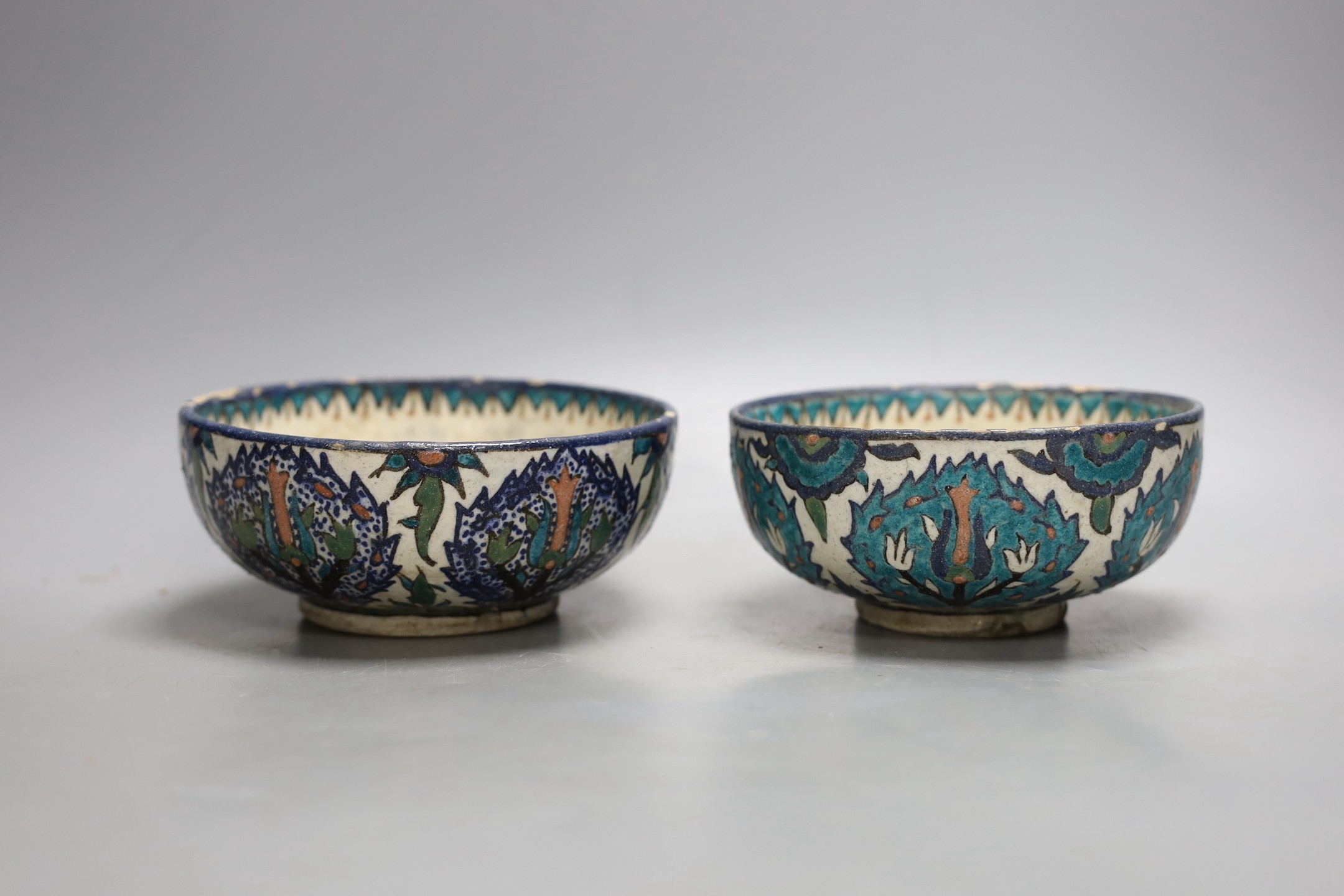 Two Iznik style fritware footed bowls, 15.5 cms diameter.